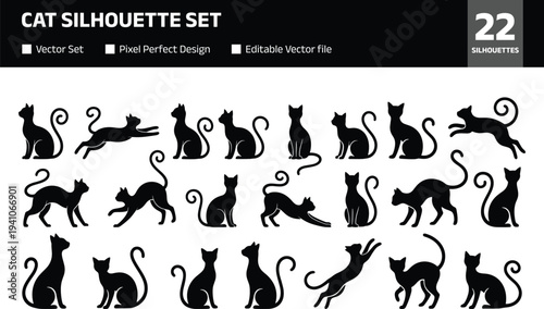 Cat silhouette icon set with sitting jumping stretching and walking poses isolated on white background, domestic pet animal collection for logo design illustration