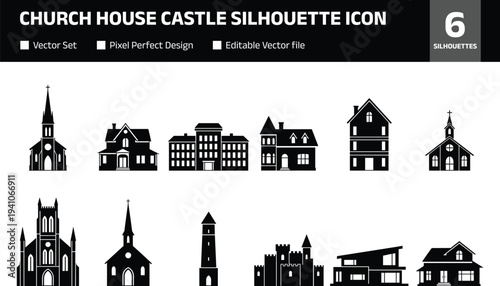 Church house castle and historic building silhouette icon set featuring cathedral chapel tower mansion and residential architecture isolated monochrome collection