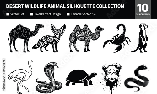 desert wildlife animal silhouette collection including camel fennec fox scorpion meerkat ostrich cobra snake turtle lion head vector icon set isolated background