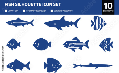 Fish silhouette icon set featuring tropical aquarium marine and freshwater fish species isolated monochrome collection for wildlife ocean aquatic nature design