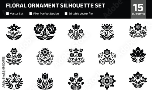 Floral ornament silhouette set featuring decorative flowers botanical motifs folk style blossoms and vintage floral elements isolated monochrome collection for design decoration