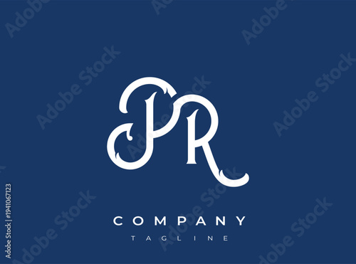 Elegant white PR monogram logo on blue background for company branding