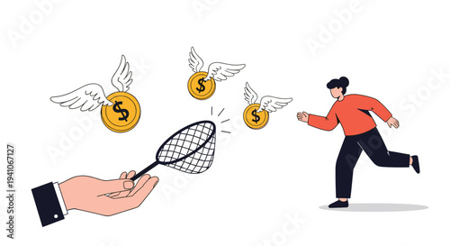 Creative illustration of a giant hand holding a net to catch flying gold coins with wings while a woman in a red shirt runs to catch them too.