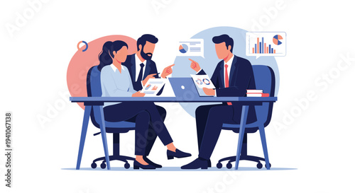 Team of business colleagues sitting at a table and analyzing data charts and financial reports on a laptop and paper during a formal meeting.