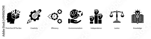 Knowledge and Justice web banner featuring Think Out Of The Box, Creativity, Efficiency, Environmentalism, Independence, Justice, and Knowledge.