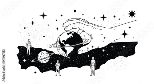 Surreal black and white illustration of a giant hand reaching out into the universe to grab planet Earth surrounded by stars and other planets.