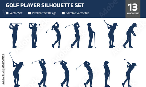 Golf player silhouette set featuring men and women golfers swinging club putting and driving isolated monochrome collection for sport recreation tournament design