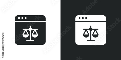 Digital law browser window icon. Online legal services justice and internet court system balance. Filled single symbol. Flat style sign. Solid glyph vector illustration