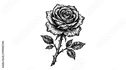 Detailed Sketch of a Rose Flower with Stem and Leaves