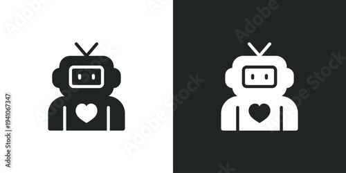 Robot icon with heart symbol. Friendly artificial intelligence and digital assistant technology interface. Flat style sign. Solid glyph vector illustration