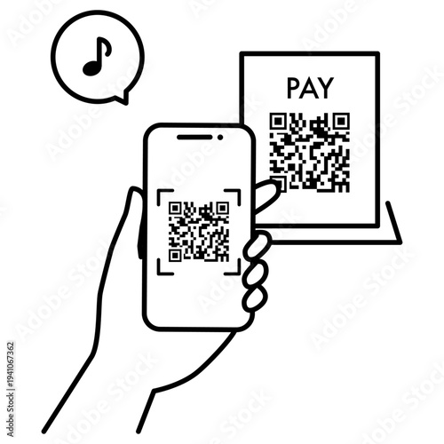 QRコード決済をするスマートフォンとQRコードスタンドのラインアイコン