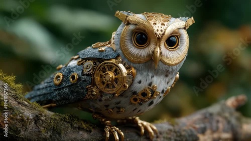 Steampunk owl perched on mossy branch with intricate golden mechanical details