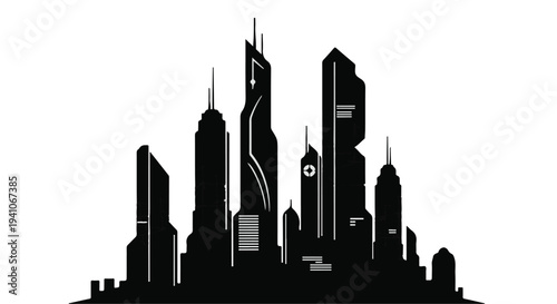 Sleek, modern skyscrapers create a futuristic cityscape silhouette against a bright background.