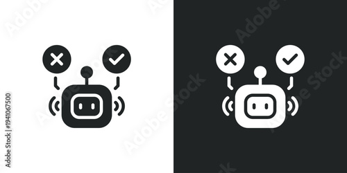 Robot choosing between right and wrong options decision making. Filled single symbol. Flat style sign. Solid glyph vector illustration