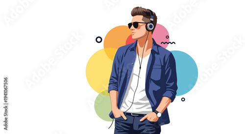 Stylish young man wearing sunglasses and headphones listening to music against a vibrant abstract background with colorful circles.