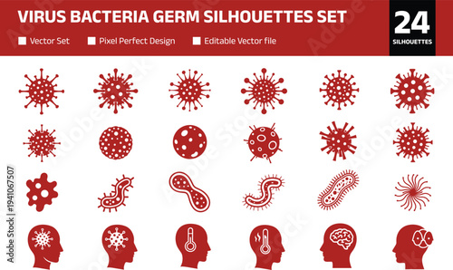 Virus bacteria germ icon set with microorganism cells warning symbols and infected human head silhouettes isolated on white background for medical health pandemic concept