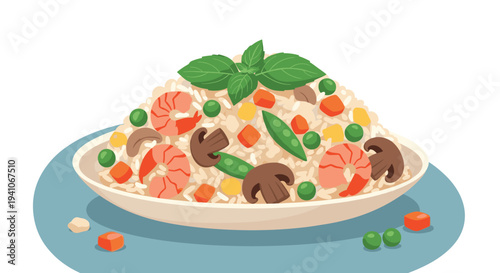 Delicious plate of shrimp fried rice garnished with fresh basil leaves, mushrooms, carrots, and green peas on a solid blue background.