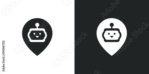 Location pin icon with robot symbol for navigation and AI technology. Filled single symbol. Flat style sign. Solid glyph vector illustration