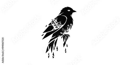 Striking silhouette of a bird perched on a branch, rendered with abstract, dynamic strokes.