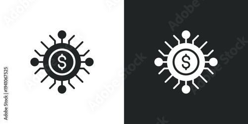 Financial network connections icon with dollar sign at center hub nodes. Filled single symbol. Solid glyph vector illustration