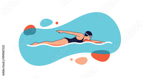 Professional swimmer performing a stroke in a bright blue pool with artistic abstract shapes in the background for a sport concept.