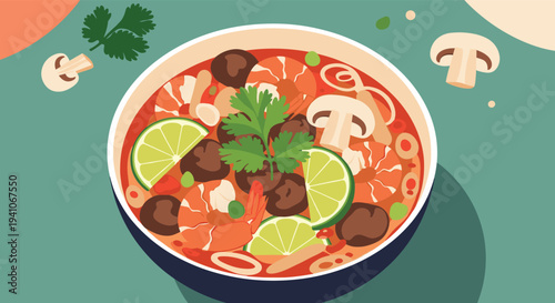 Hearty bowl of traditional Thai Tom Yum soup featuring delicious shrimp, mushrooms, lime slices, and fresh green coriander leaves.