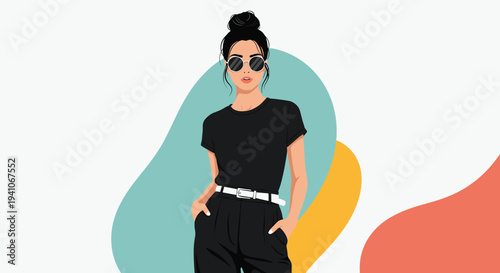 Trendy young woman posing in a minimalist black outfit with stylish sunglasses and a sleek hair bun against abstract pastel shapes.
