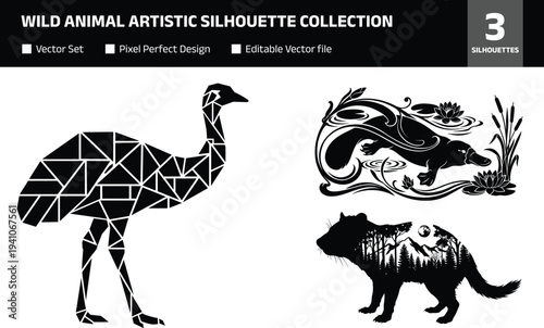wild animal artistic silhouette collection featuring geometric ostrich ornamental otter and double exposure mouse nature landscape creative vector illustration set isolated background