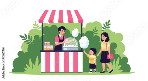 Family visiting a colorful cotton candy stall at an outdoor park where a friendly vendor is preparing fluffy sweet treats for them.
