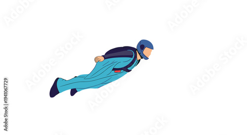 Adventurous person wearing a blue wingsuit performing a high-altitude skydiving flight against a plain white background for sports.