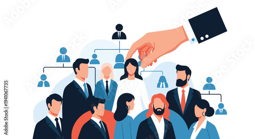 Large hand selecting a professional woman from a diverse group of employees within a corporate organizational business structure.