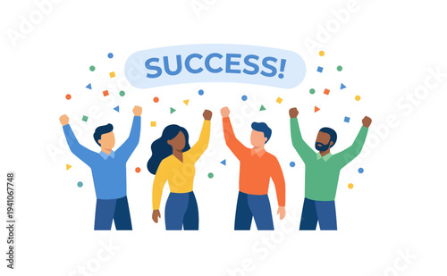 Diverse group of four ecstatic business people cheering enthusiastically together while celebrating a major achievement