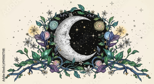 Moon surrounded by floral and starry night scene