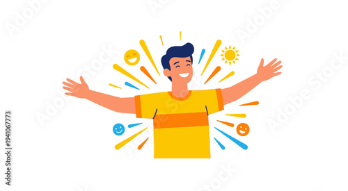 Joyful cartoon man in a yellow t-shirt with wide open arms radiating happiness, positivity, and a sense of accomplishment.
