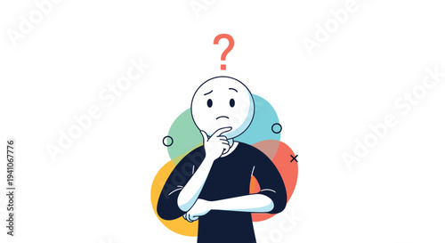 Pensive character looking upwards with a question mark expressing confusion or thinking about an idea against colorful abstract shapes.