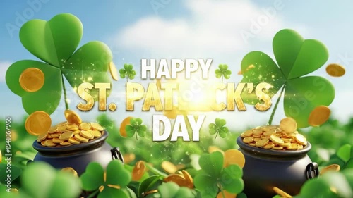 Happy St. Patrick's Day text with golden coins in a pot and shamrocks. St. Patrick's Day celebration graphics for greeting card, holiday background.