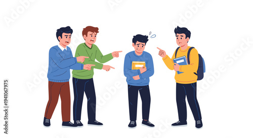 Sad young boy holding a yellow book being bullied and pointed at by a group of unhappy looking peers in an outdoor setting.