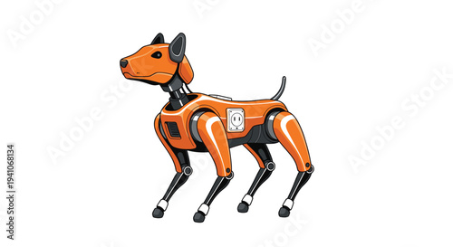 Futuristic orange robotic dog with visible mechanical joints and a side power outlet standing on an isolated white background.