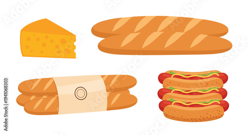 Collection of bakery items including a wedge of orange cheese, fresh long baguettes, and several prepared hot dogs in buns.
