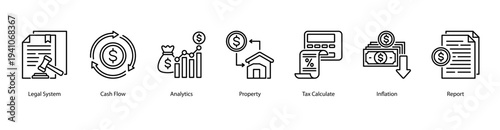 Financial Operations web banner vector illustration featuring Legal System, Cash Flow, Analytics, Property, Tax Calculate, Inflation, and Report.