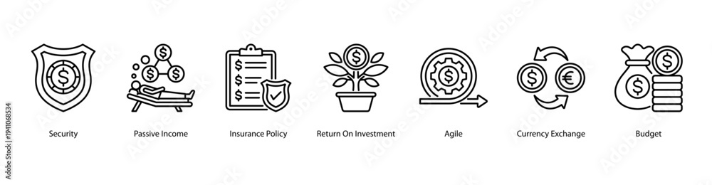 Fototapeta premium Investment and Security web banner vector illustration featuring Security, Passive Income, Insurance Policy, Return On Investment, Agile, Currency Exchange, and Budget.