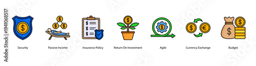 Investment and Security web banner vector illustration featuring Security, Passive Income, Insurance Policy, Return On Investment, Agile, Currency Exchange, and Budget.