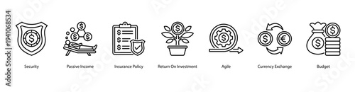 Investment and Security web banner vector illustration featuring Security, Passive Income, Insurance Policy, Return On Investment, Agile, Currency Exchange, and Budget.
