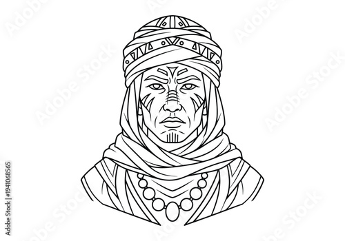 Tribal Warrior Man Portrait Line Art with Traditional Head Wrap and Face Paint, Indigenous Character Outline Vector Illustration