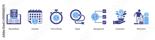 Time and Investment web banner vector illustration featuring Manual Book, Calendar, Time is Money, Target, Management, Investment, and Retirement.
