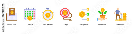 Time and Investment web banner vector illustration featuring Manual Book, Calendar, Time is Money, Target, Management, Investment, and Retirement.