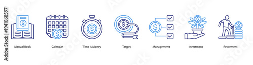 Time and Investment web banner vector illustration featuring Manual Book, Calendar, Time is Money, Target, Management, Investment, and Retirement.