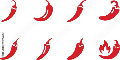 Chili Pepper Icon Collection in Simple Red Silhouette Style with Different Shapes and Designs Vector Set