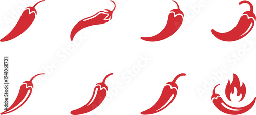 Chili Pepper Icon Collection in Simple Red Silhouette Style with Different Shapes and Designs Vector Set