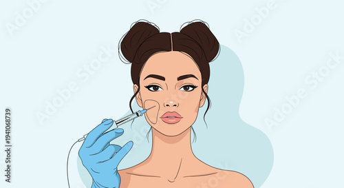 Professional cosmetic procedure showing a gloved hand administering a facial injection to a young woman for skin rejuvenation.